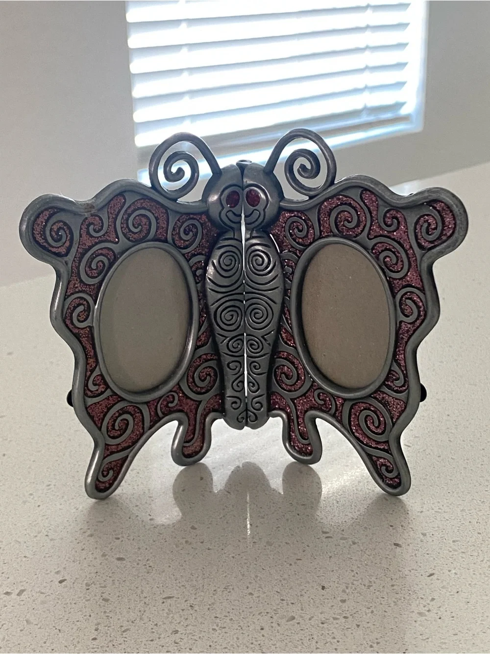 Double vintage photo frame with butterfly design; miniature model